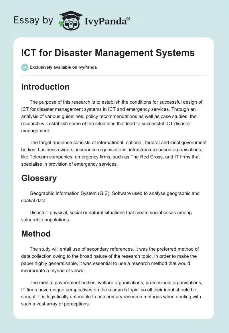 ICT for Disaster Management Systems. Page 1