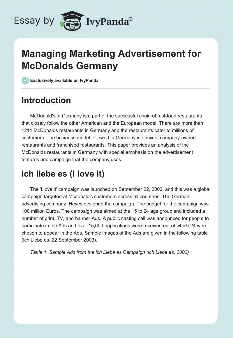 Managing Marketing Advertisement for McDonalds Germany. Page 1