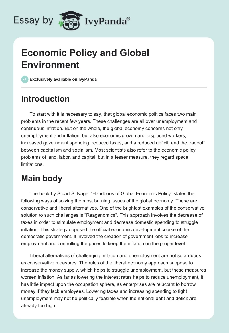 Global Economic Politics: Addressing Unemployment and Inflation. Page 1