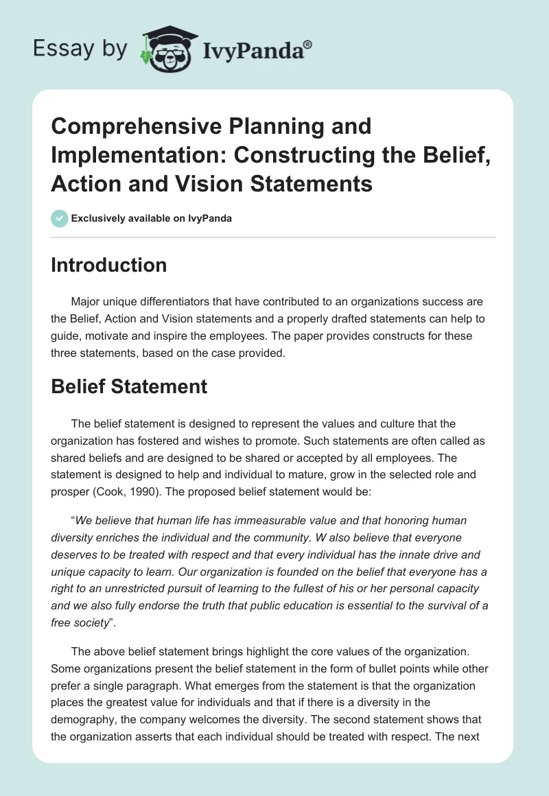 Comprehensive Planning and Implementation: Constructing the Belief, Action and Vision Statements. Page 1