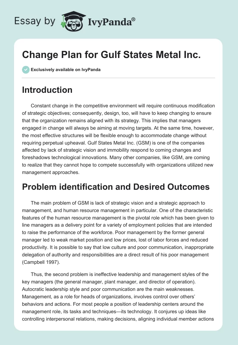 Change Plan for Gulf States Metal Inc.. Page 1