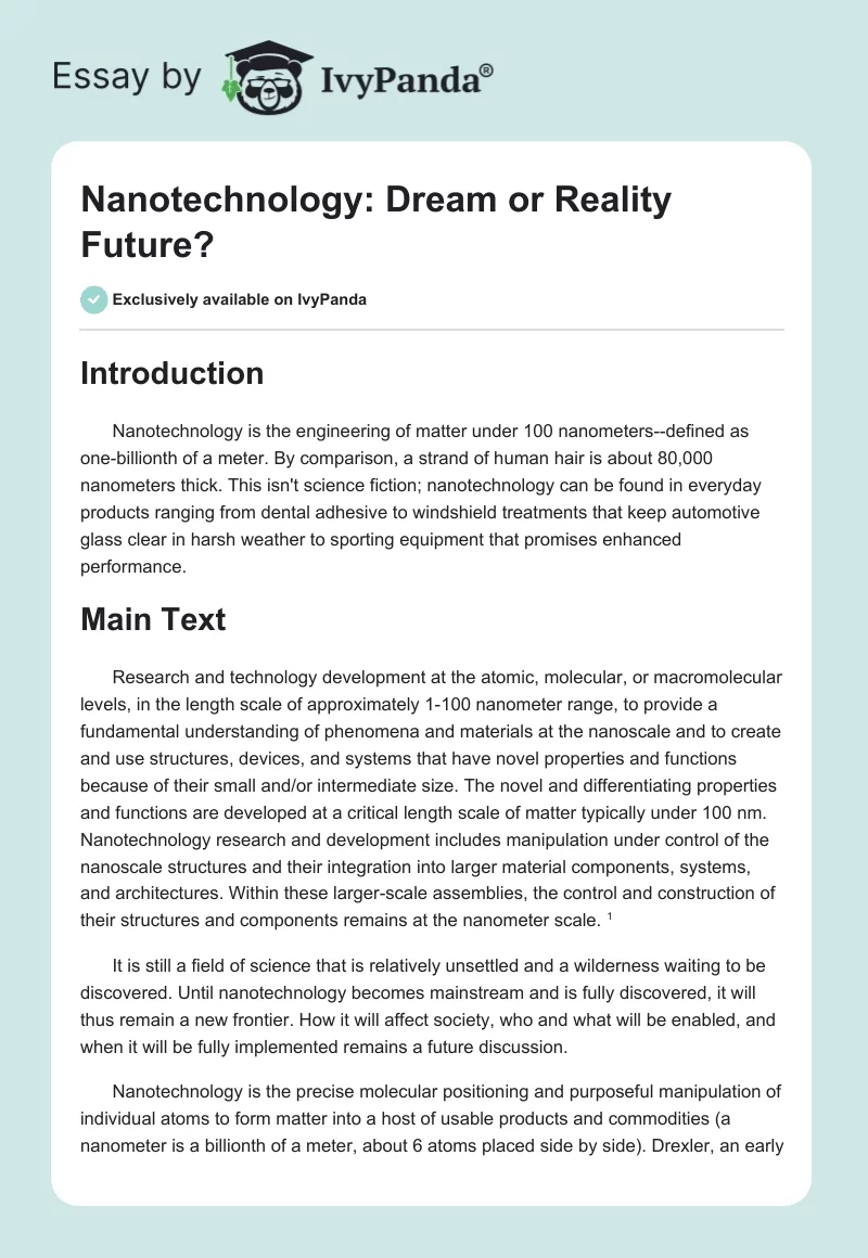 Nanotechnology: Dream or Reality Future?. Page 1