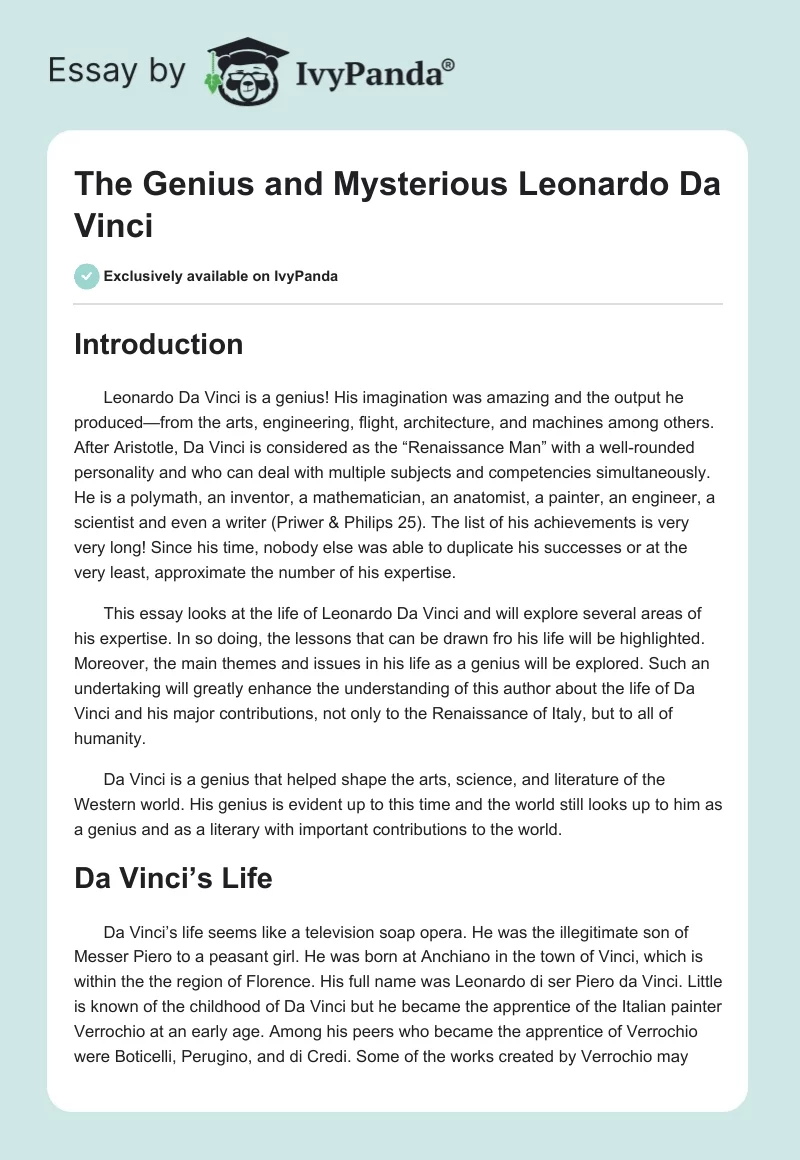 The Genius and Mysterious Leonardo Da Vinci. Page 1