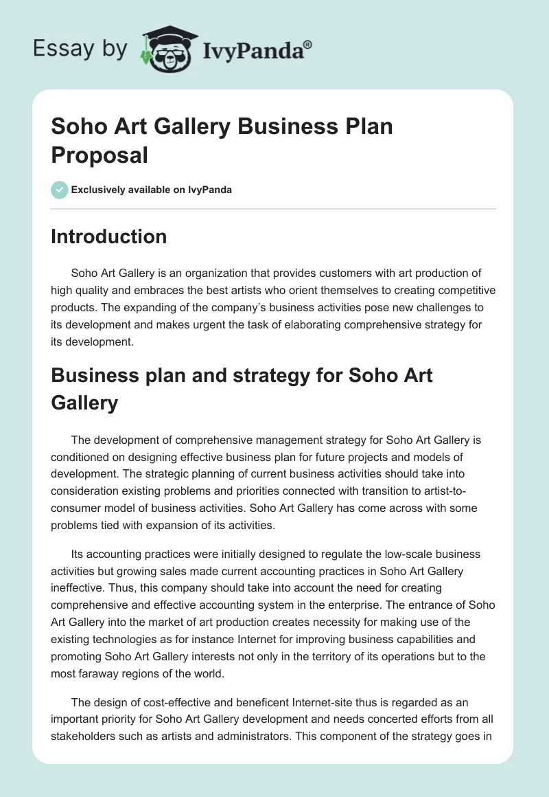 Soho Art Gallery Business Plan Proposal. Page 1