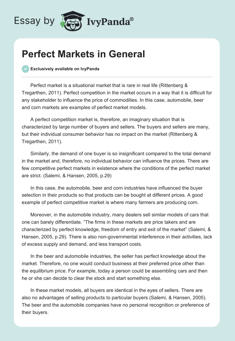 Perfect Markets in General. Page 1