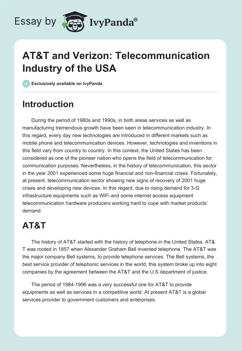 AT&T and Verizon: Telecommunication Industry of the USA. Page 1