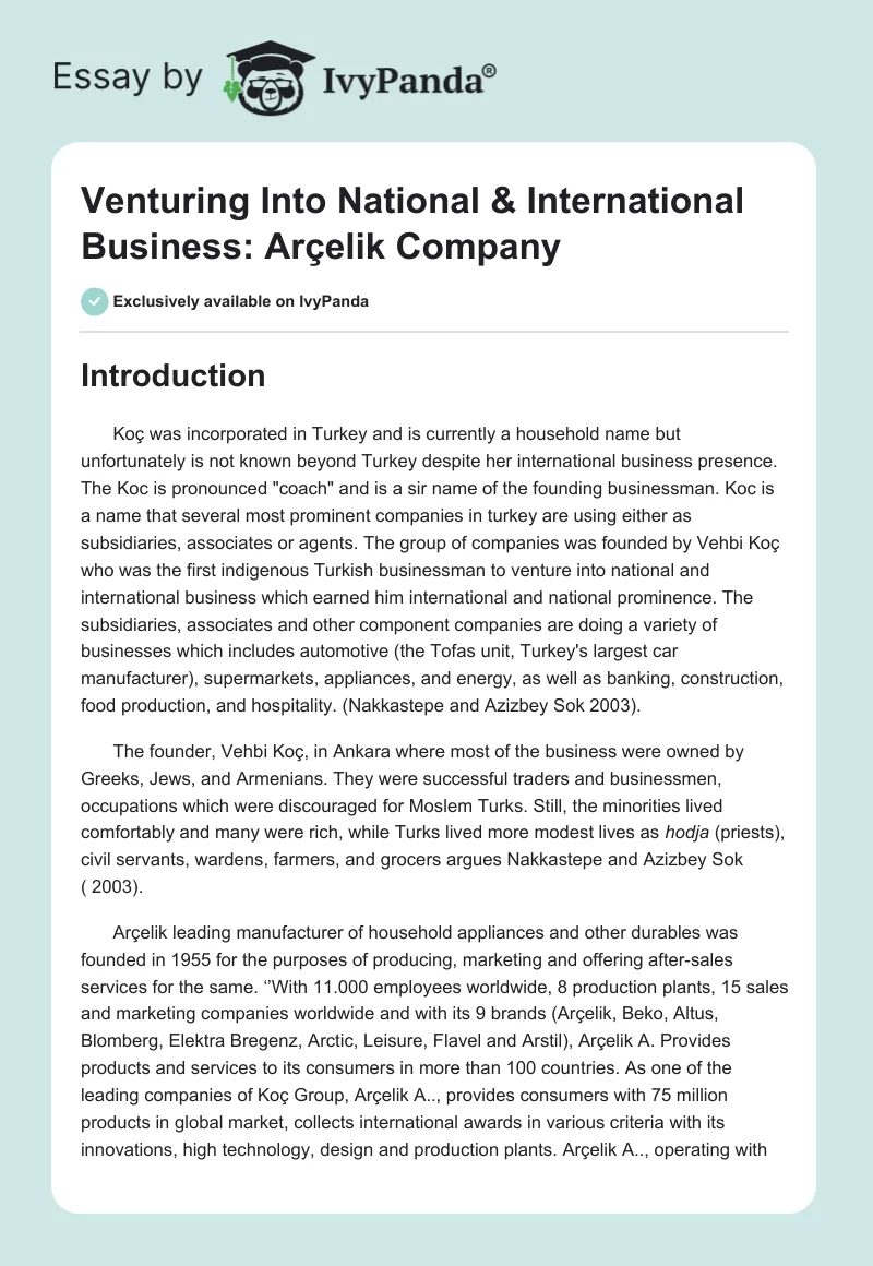 Venturing Into National & International Business: Arçelik Company. Page 1