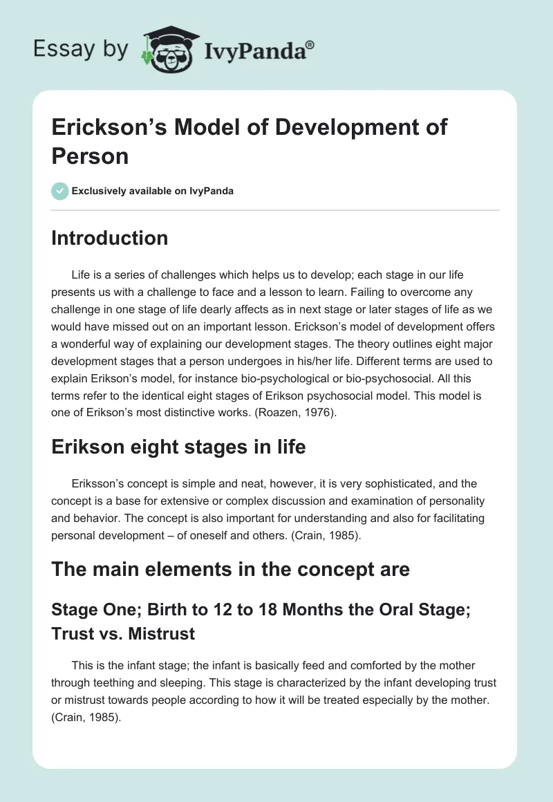 Erickson’s Model of Development of Person. Page 1