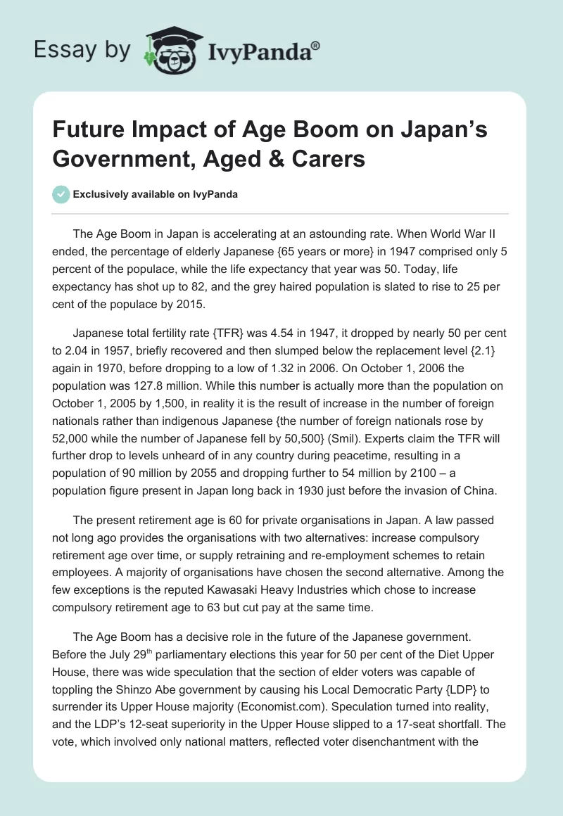 Future Impact of Age Boom on Japan’s Government, Aged & Carers. Page 1
