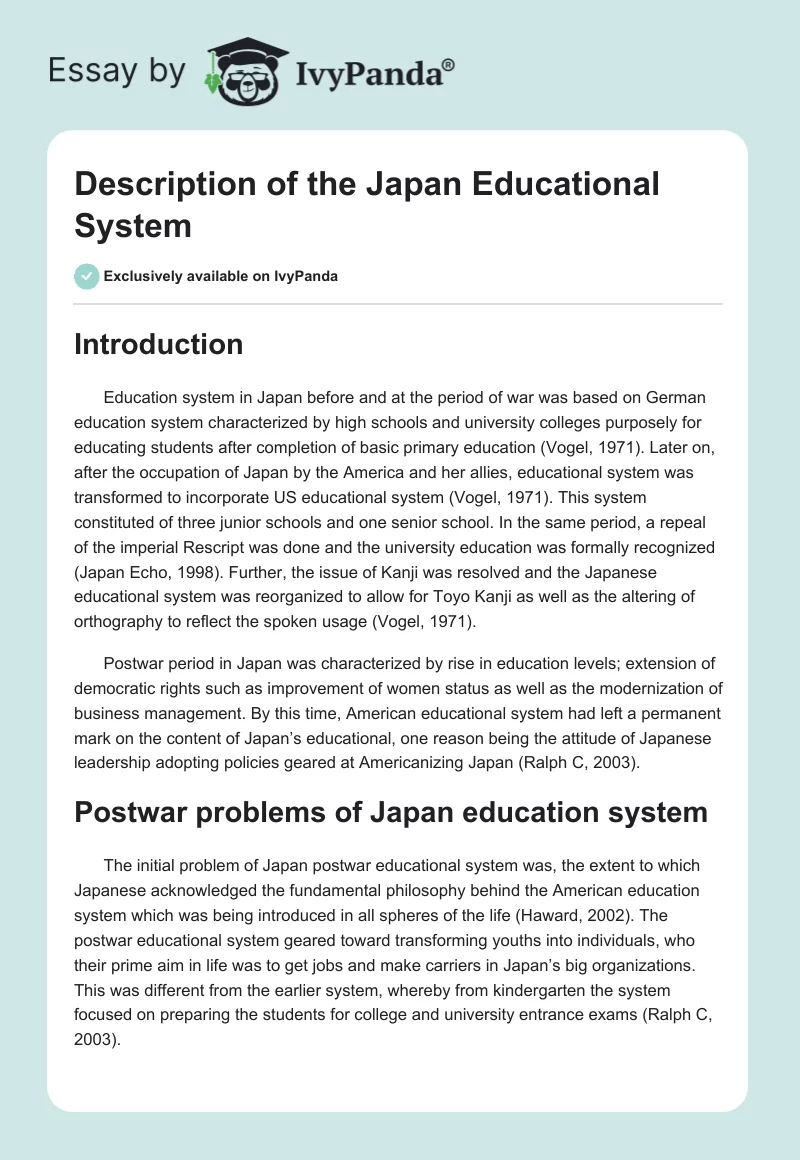 Description of the Japan Educational System. Page 1