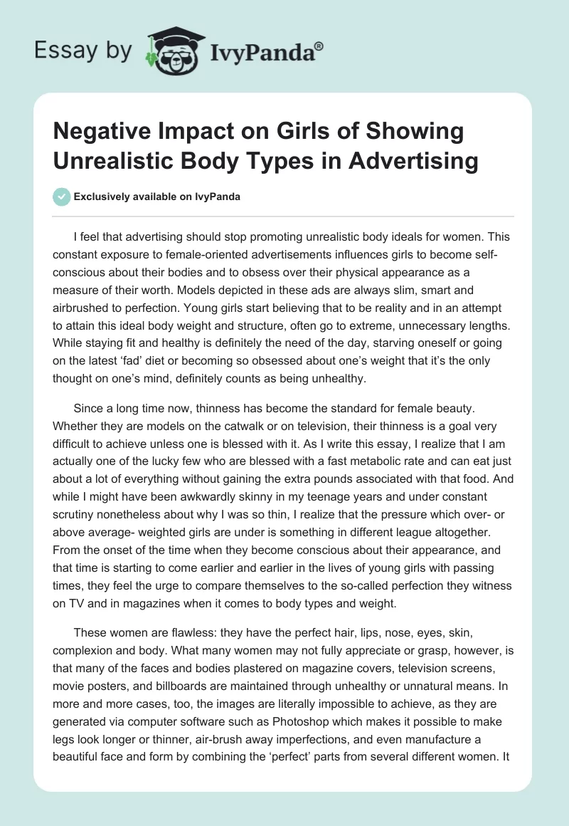 Negative Impact on Girls of Showing Unrealistic Body Types in Advertising. Page 1