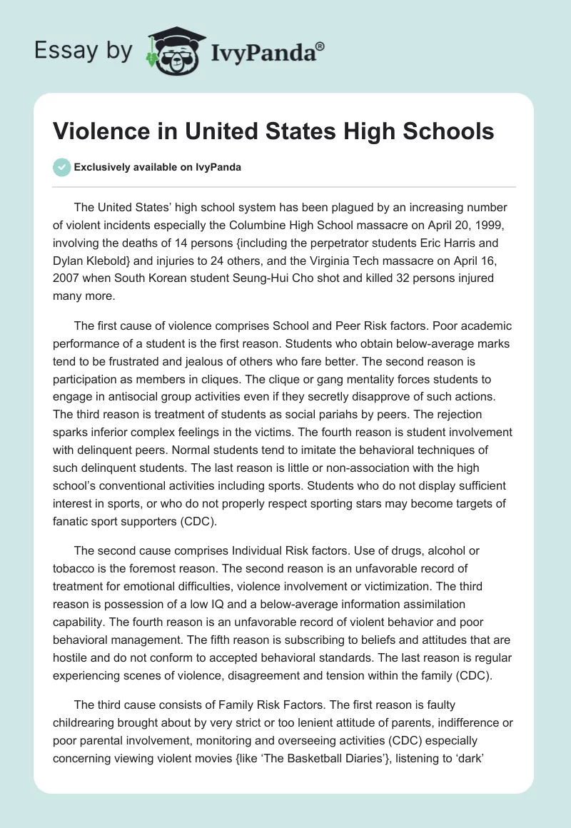 Violence in United States High Schools. Page 1