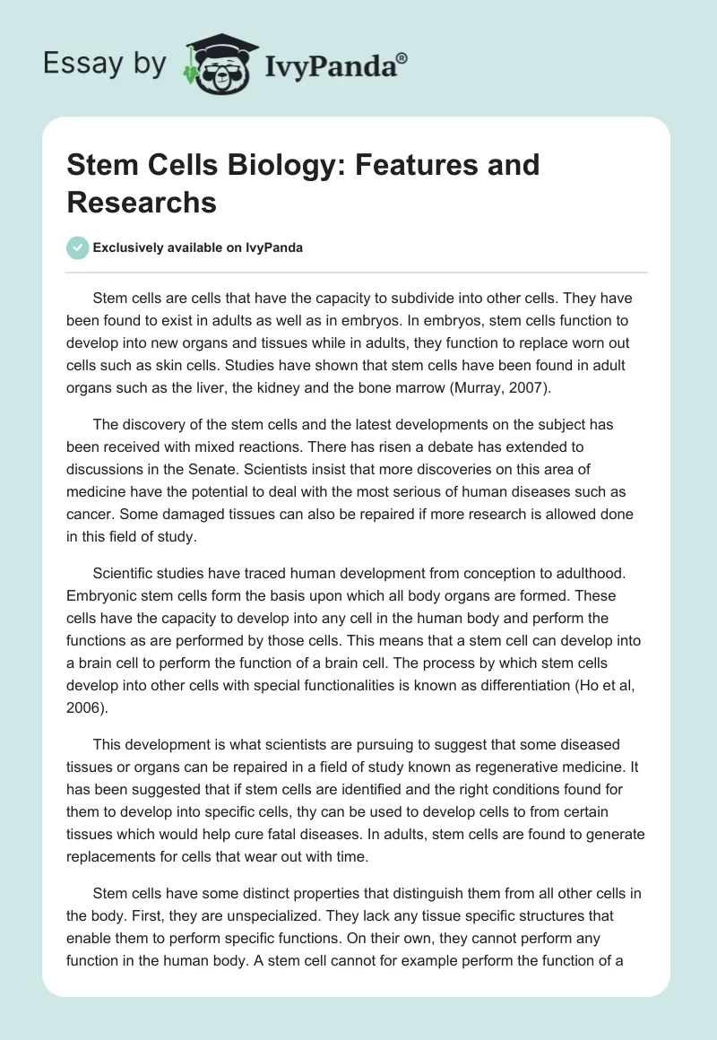 Stem Cells Biology: Features and Researchs. Page 1