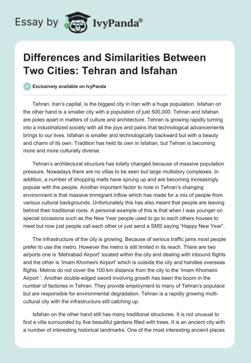 Differences and Similarities Between Two Cities: Tehran and Isfahan. Page 1