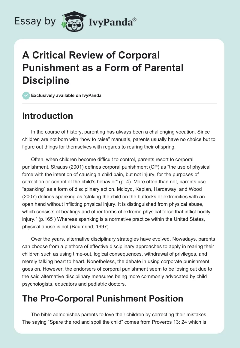 A Critical Review of Corporal Punishment as a Form of Parental Discipline. Page 1