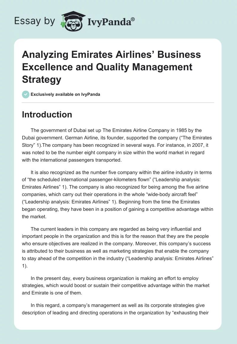 Analyzing Emirates Airlines’ Business Excellence and Quality Management Strategy. Page 1