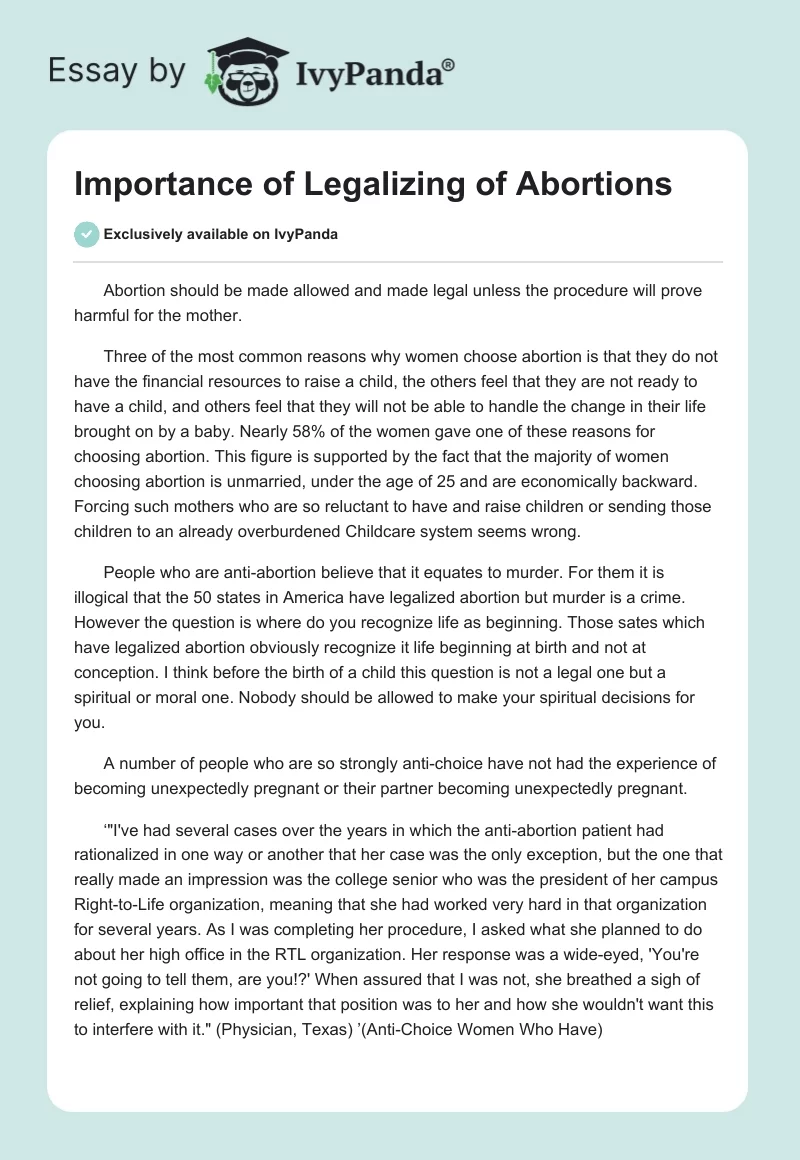 Importance of Legalizing of Abortions. Page 1