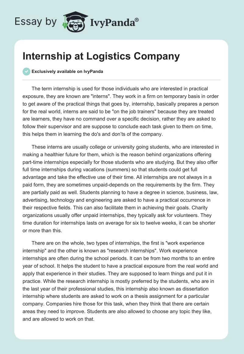 Internship at Logistics Company. Page 1
