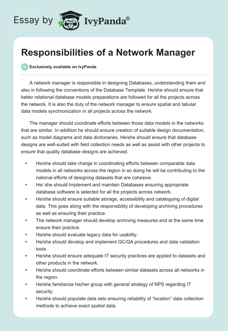 Responsibilities of a Network Manager. Page 1