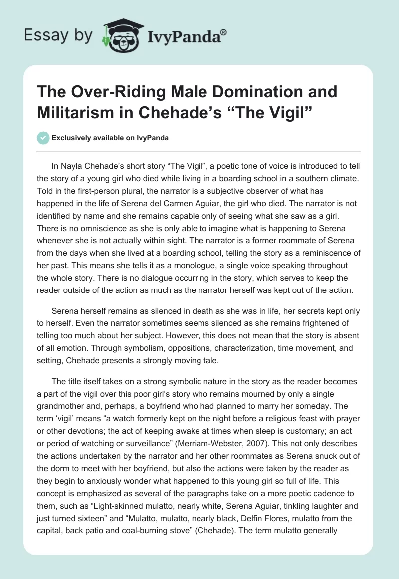 The Over-Riding Male Domination and Militarism in Chehade’s “The Vigil”. Page 1