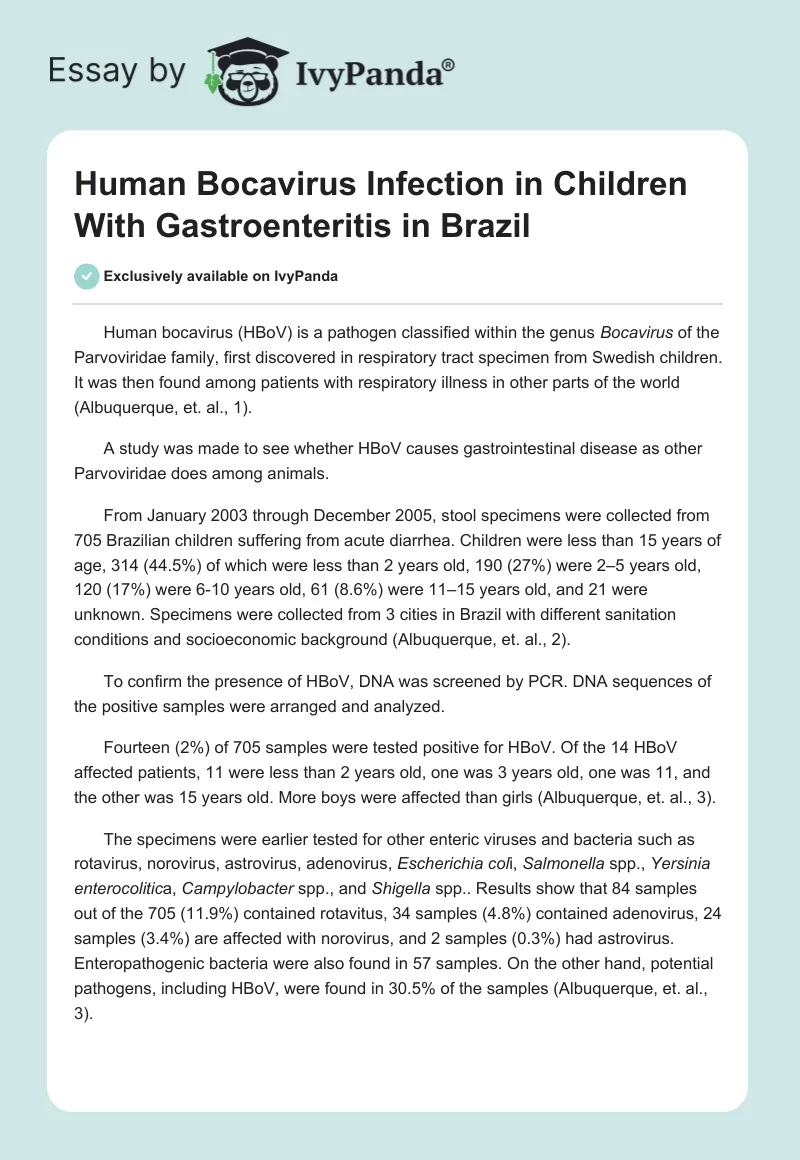 Human Bocavirus Infection in Children With Gastroenteritis in Brazil. Page 1