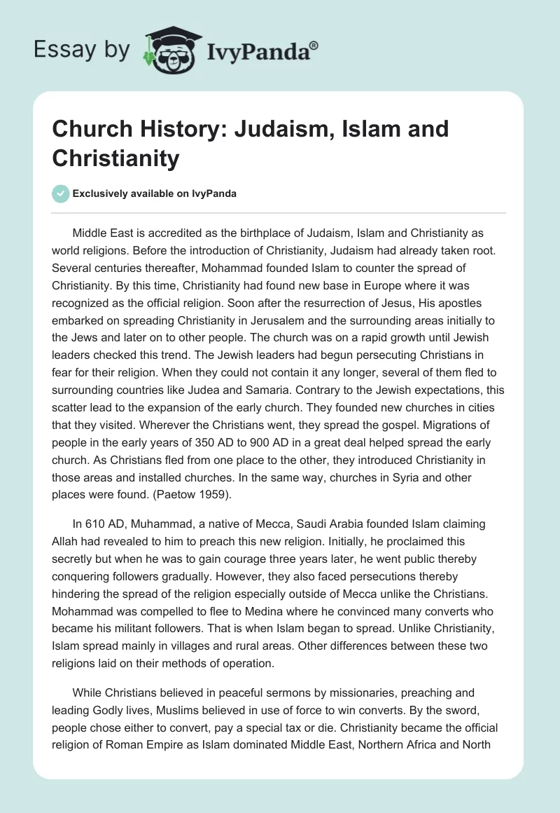 Church History: Judaism, Islam and Christianity. Page 1
