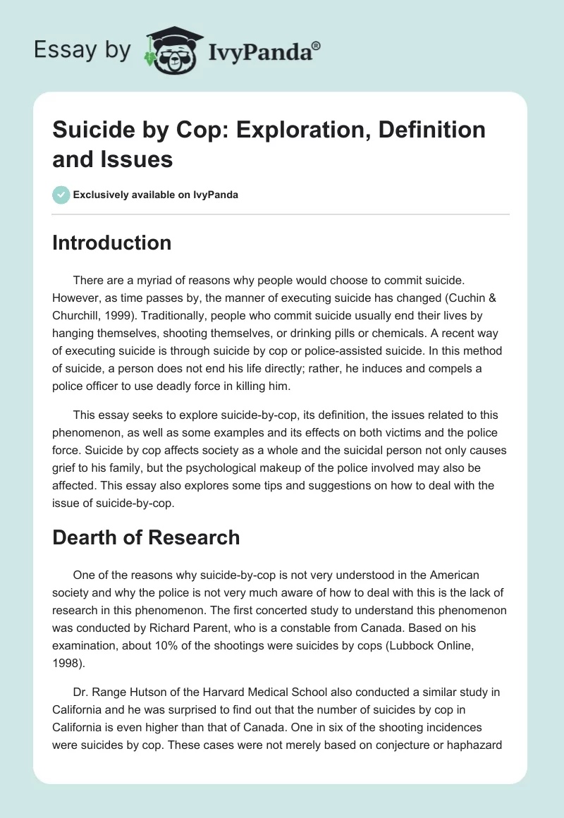 Suicide by Cop: Exploration, Definition and Issues. Page 1