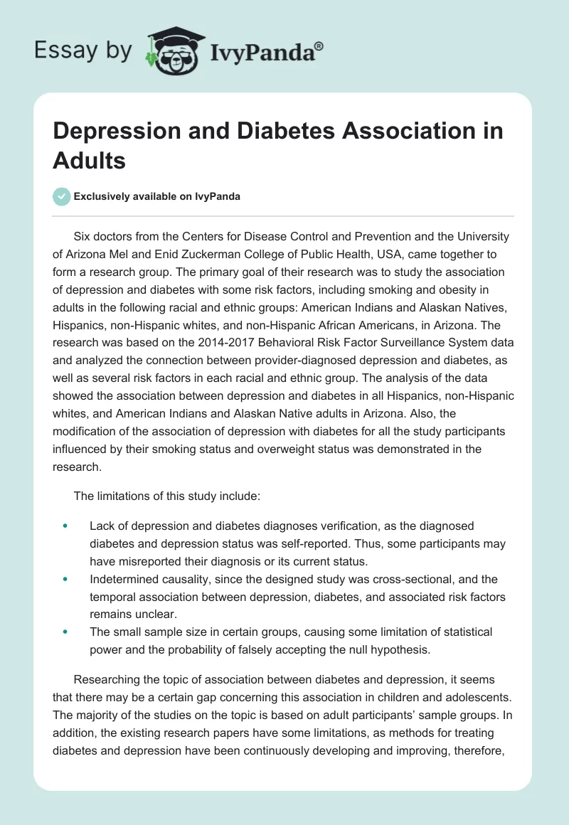 Depression and Diabetes Association in Adults. Page 1