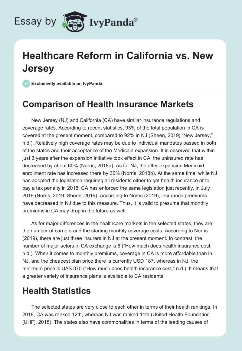 Healthcare Reform in California vs. New Jersey. Page 1