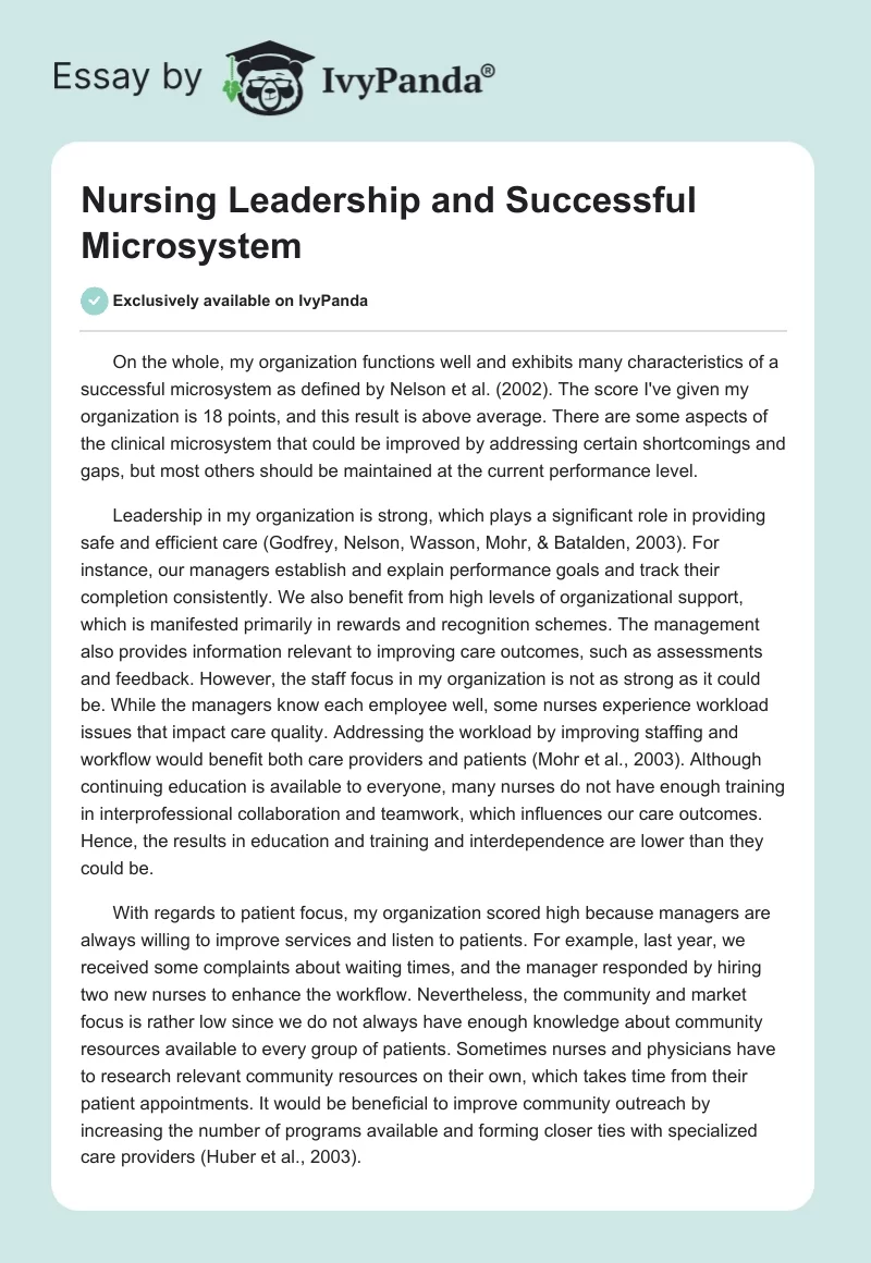 Nursing Leadership and Successful Microsystem. Page 1