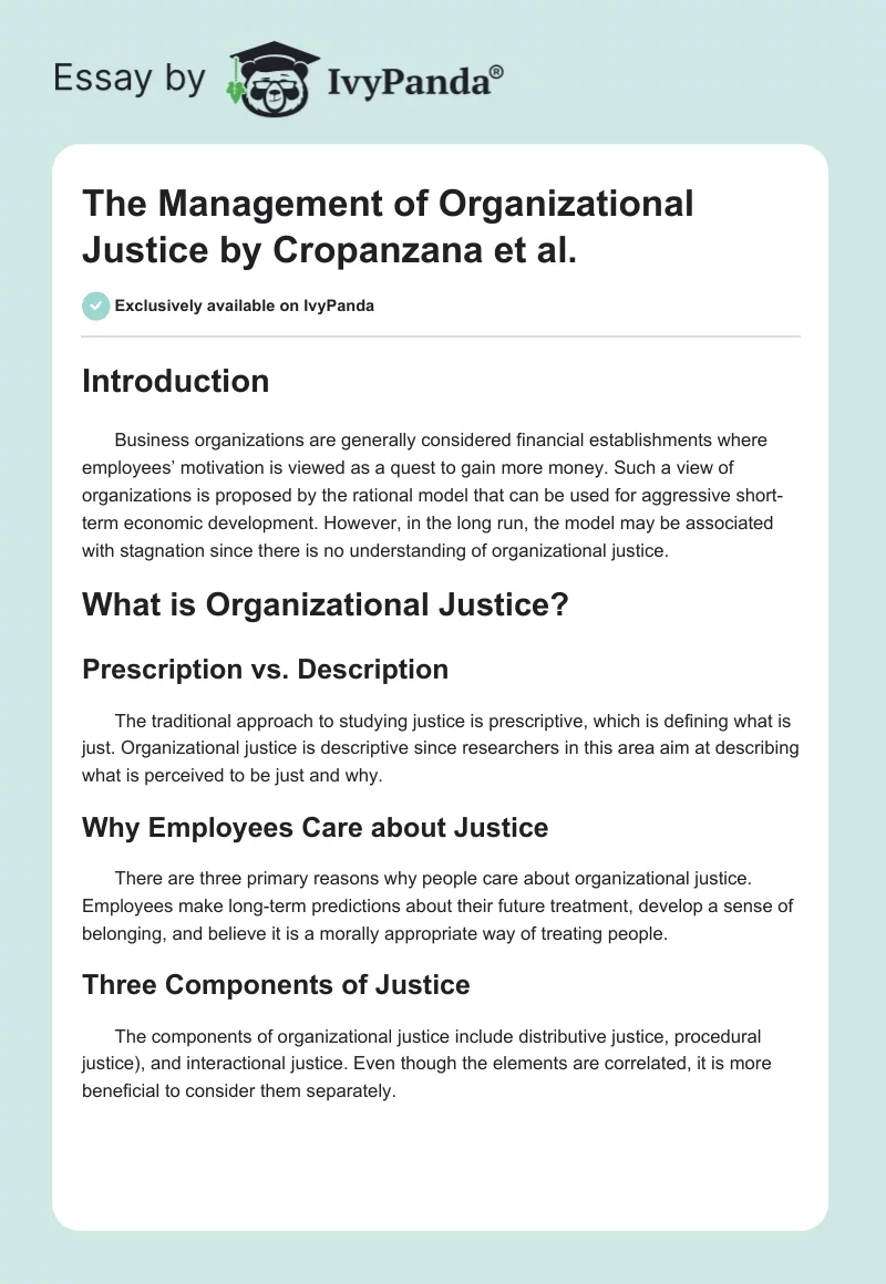 The Management of Organizational Justice by Cropanzana et al.. Page 1