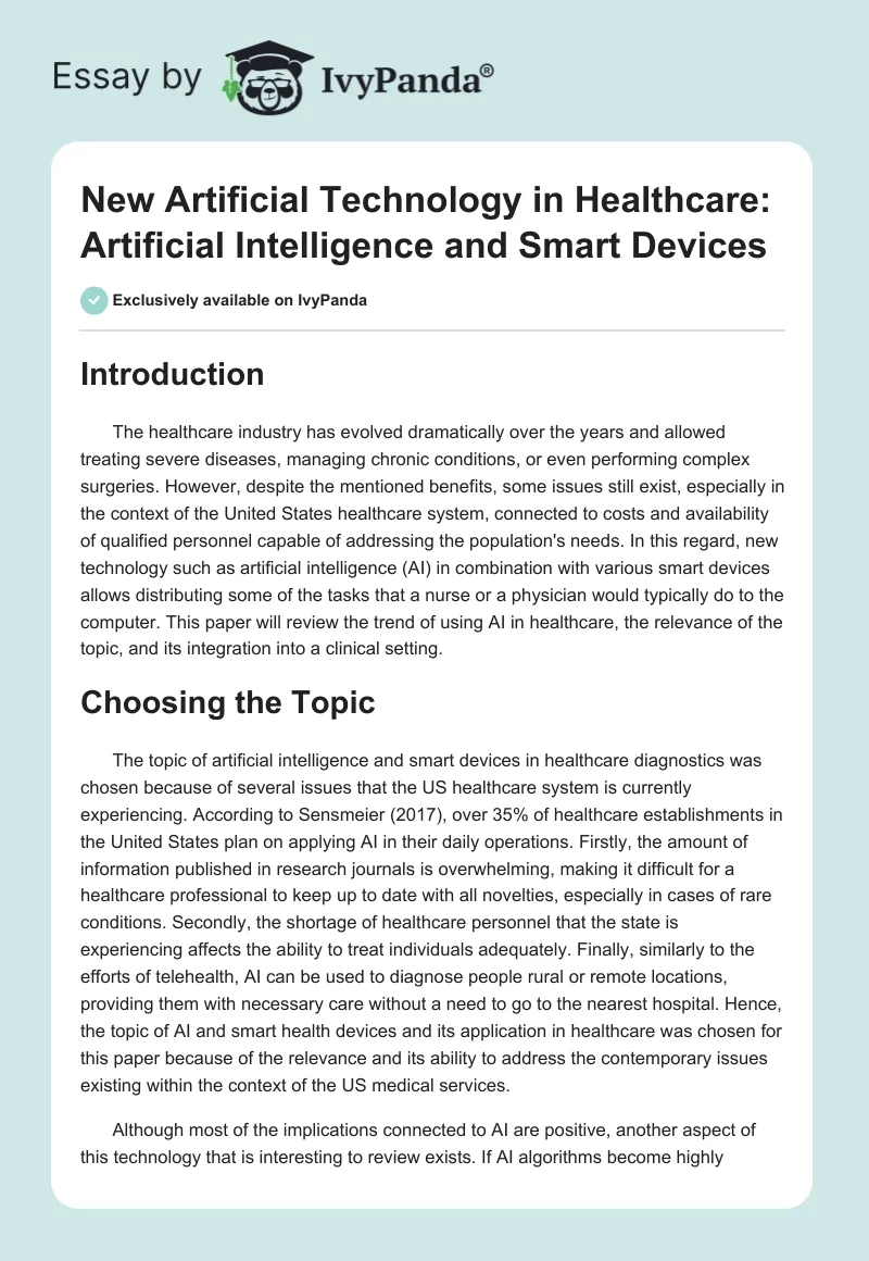 New Artificial Technology in Healthcare: Artificial Intelligence and Smart Devices. Page 1