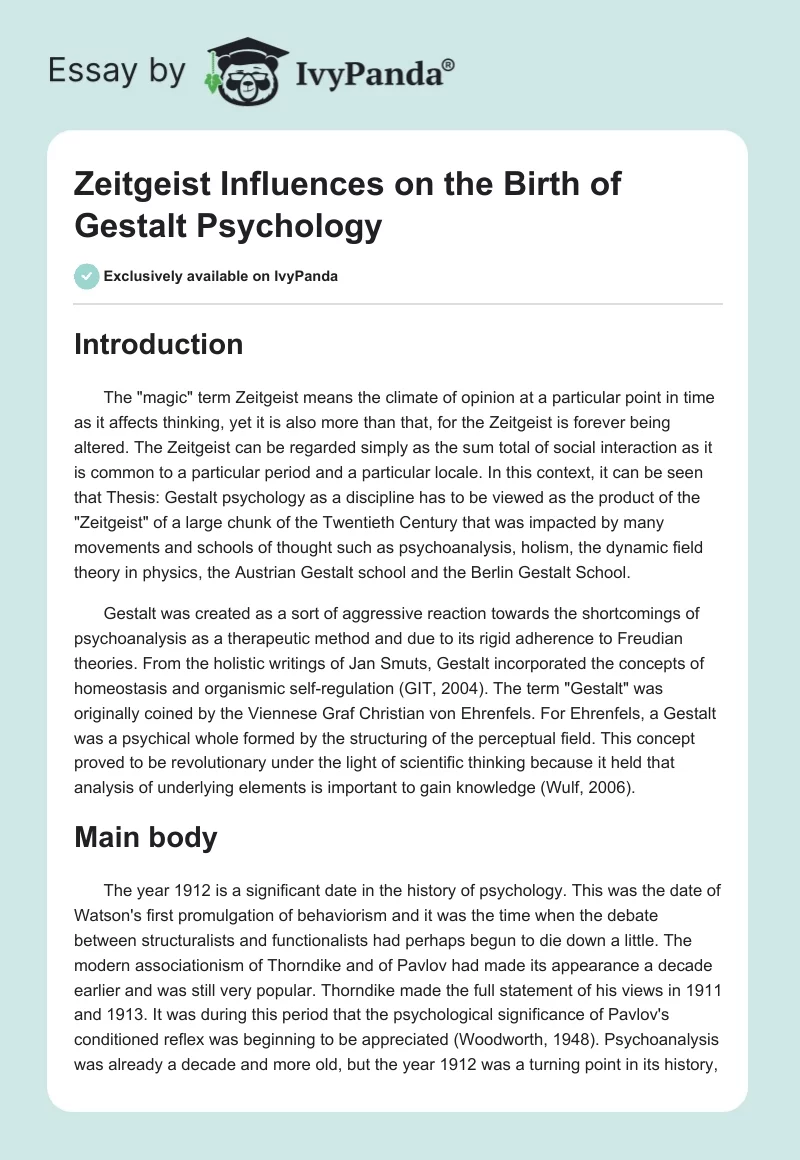 Zeitgeist Influences on the Birth of Gestalt Psychology. Page 1