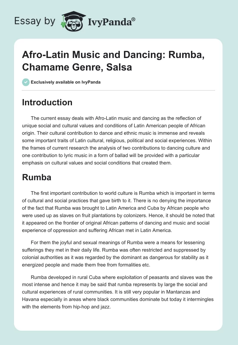 Afro-Latin Music and Dancing: Rumba, Chamame Genre, Salsa. Page 1