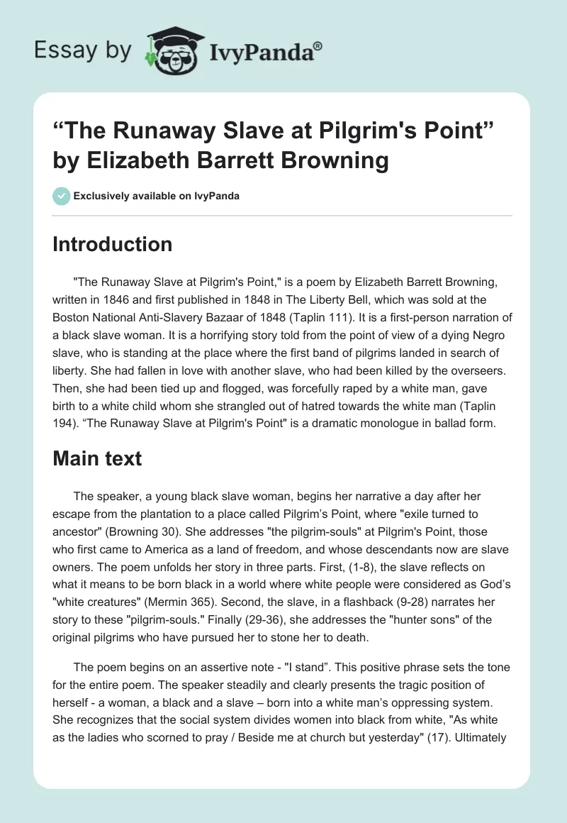 “The Runaway Slave at Pilgrim's Point” by Elizabeth Barrett Browning. Page 1