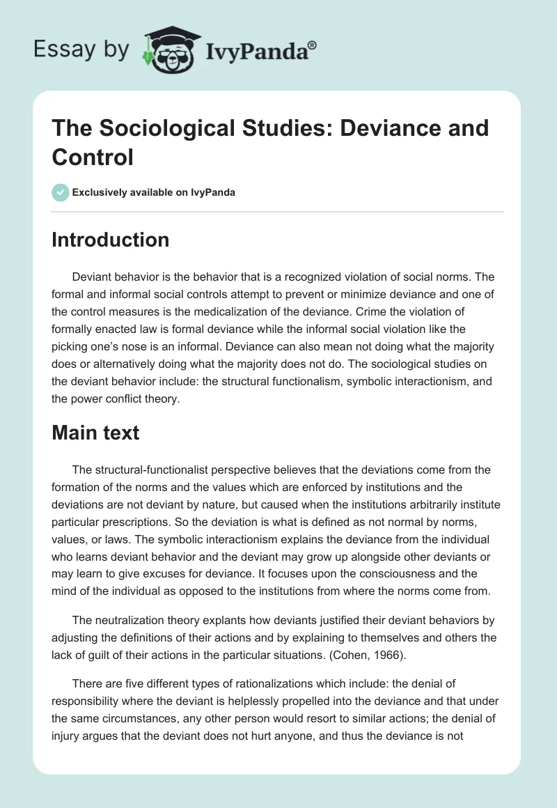 The Sociological Studies: Deviance and Control. Page 1