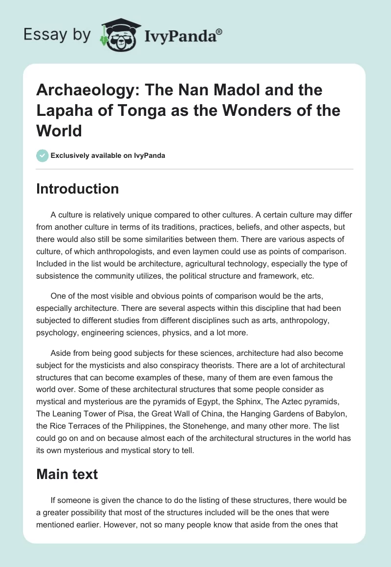 Archaeology: The Nan Madol and the Lapaha of Tonga as the Wonders of the World. Page 1