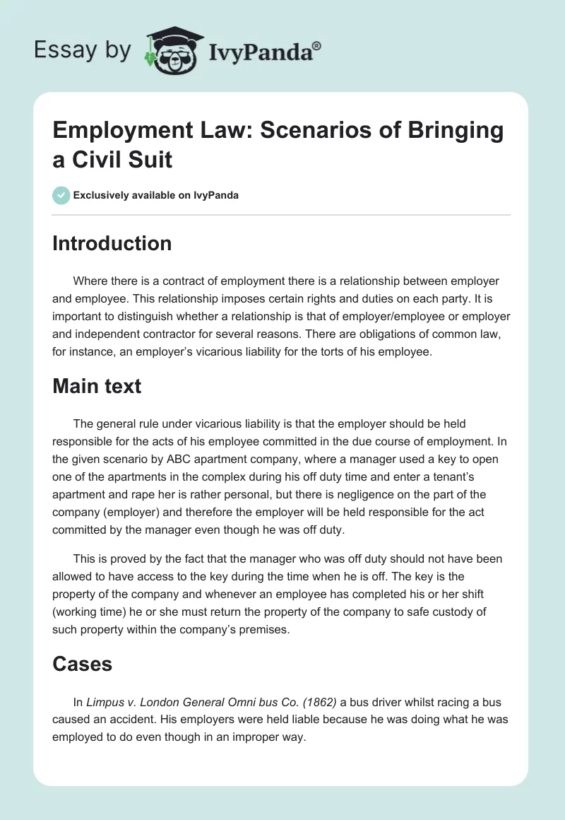 Employment Law: Scenarios of Bringing a Civil Suit. Page 1