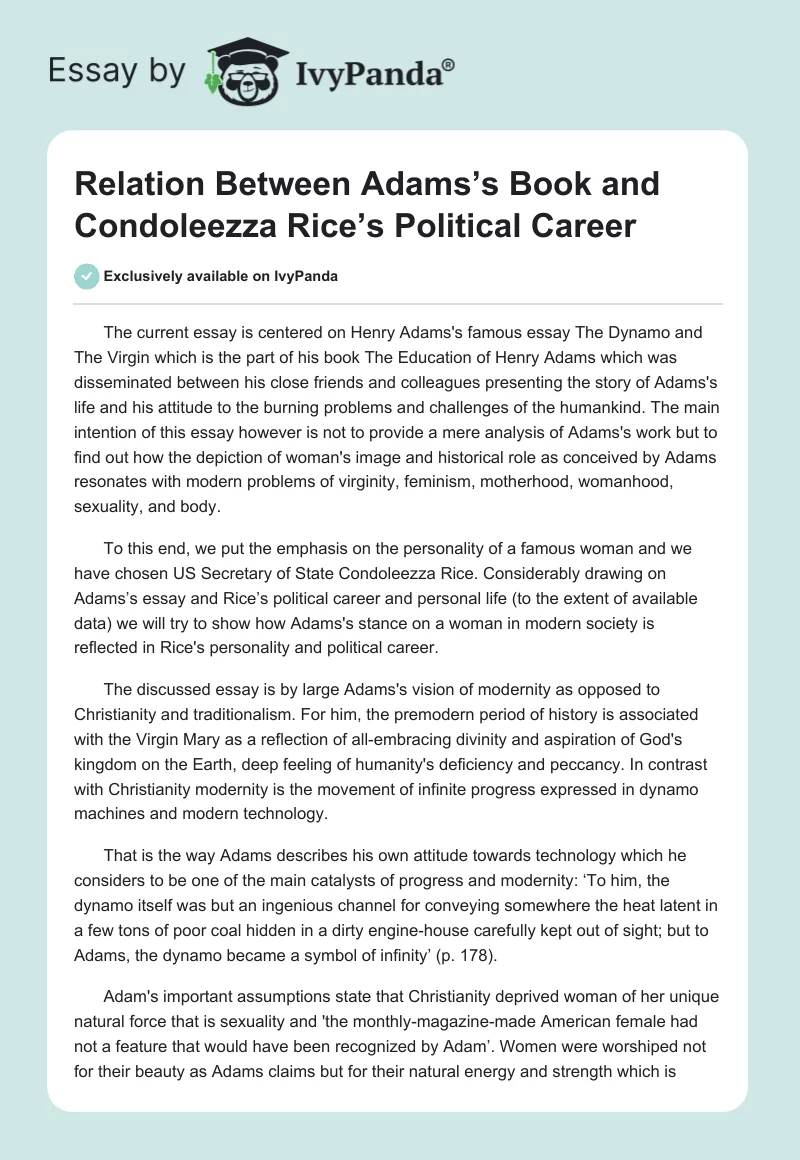 Relation Between Adams’s Book and Condoleezza Rice’s Political Career. Page 1