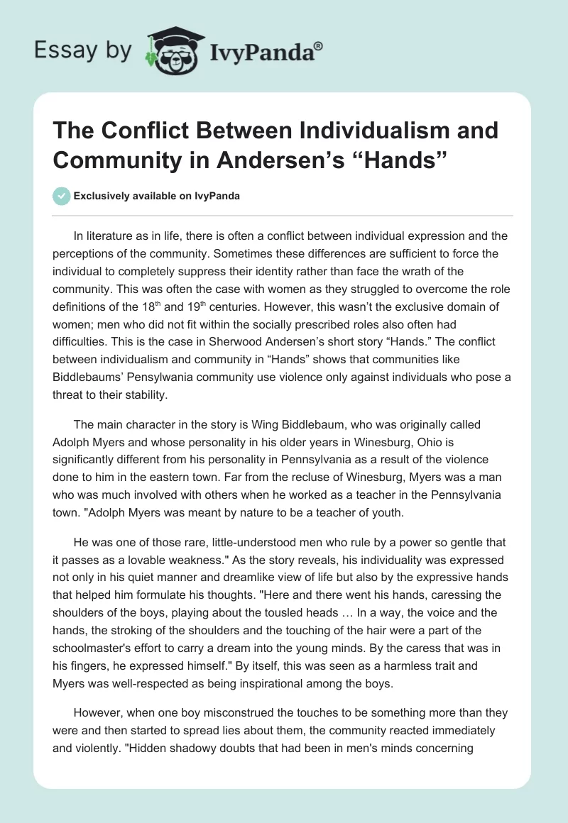 The Conflict Between Individualism and Community in Andersen’s “Hands”. Page 1