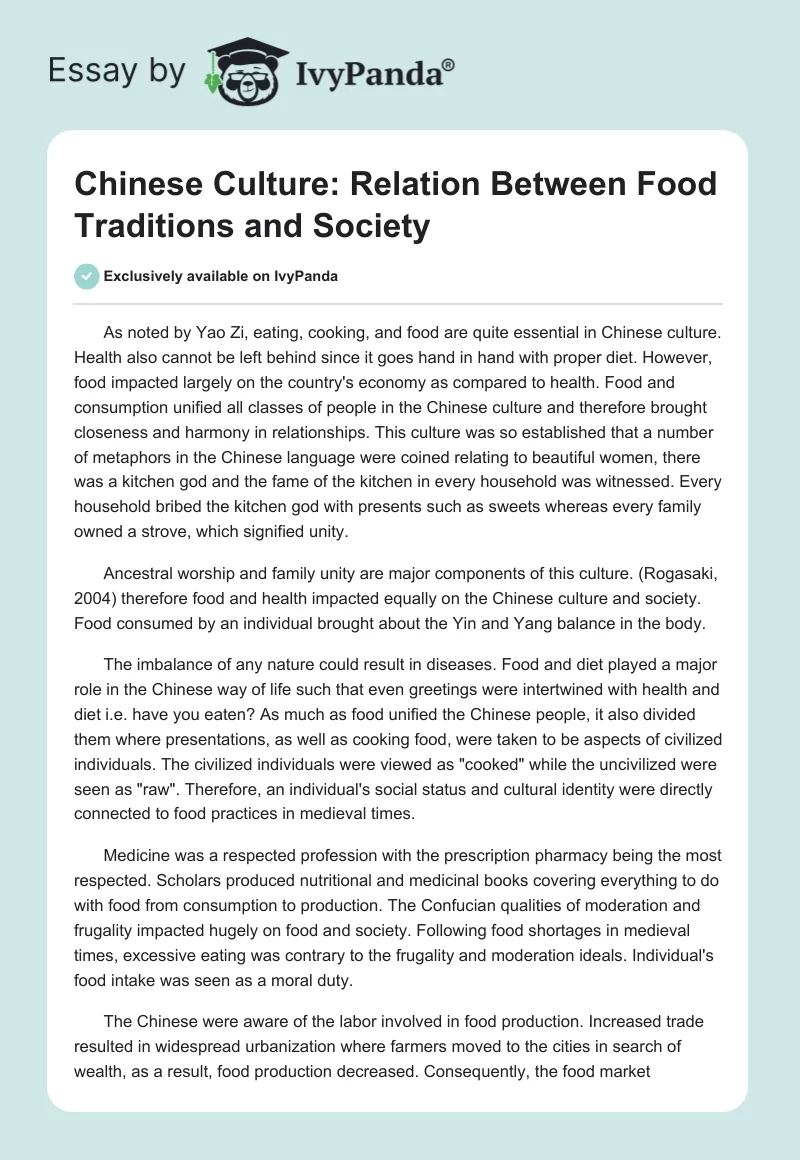 Chinese Culture: Relation Between Food Traditions and Society. Page 1