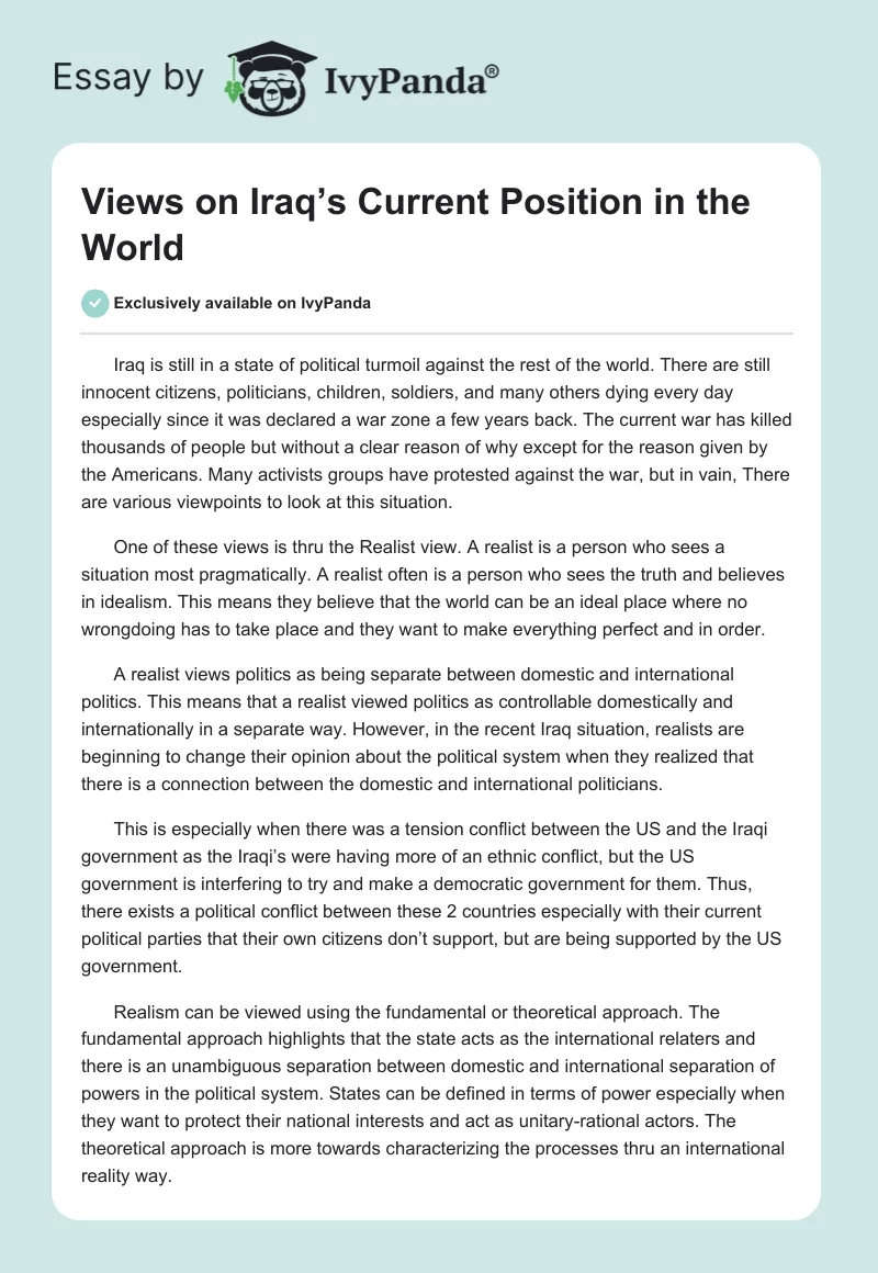 Views on Iraq’s Current Position in the World. Page 1