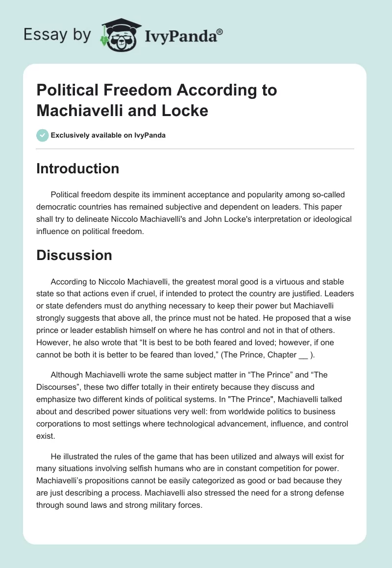 Political Freedom According to Machiavelli and Locke. Page 1