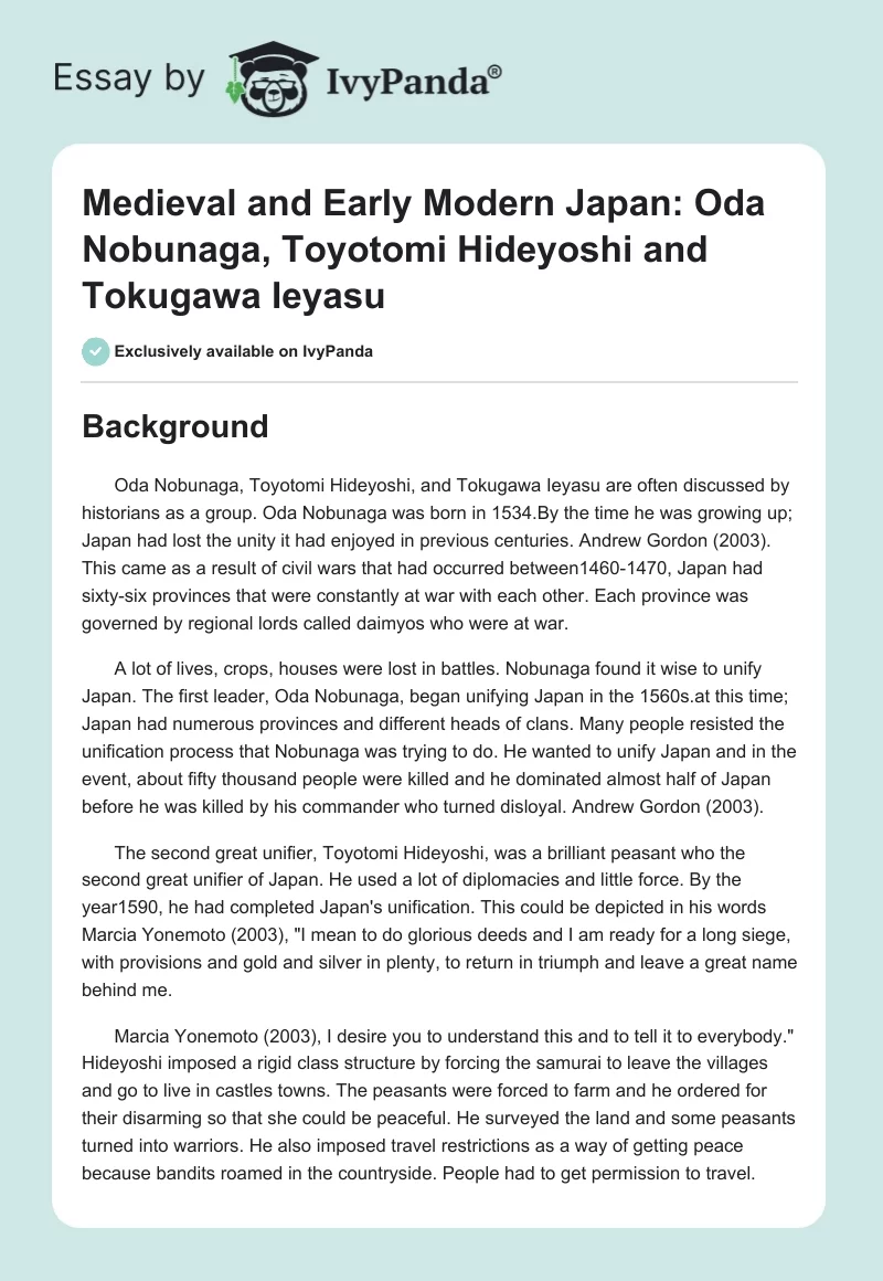 Medieval and Early Modern Japan: Oda Nobunaga, Toyotomi Hideyoshi and Tokugawa Ieyasu. Page 1