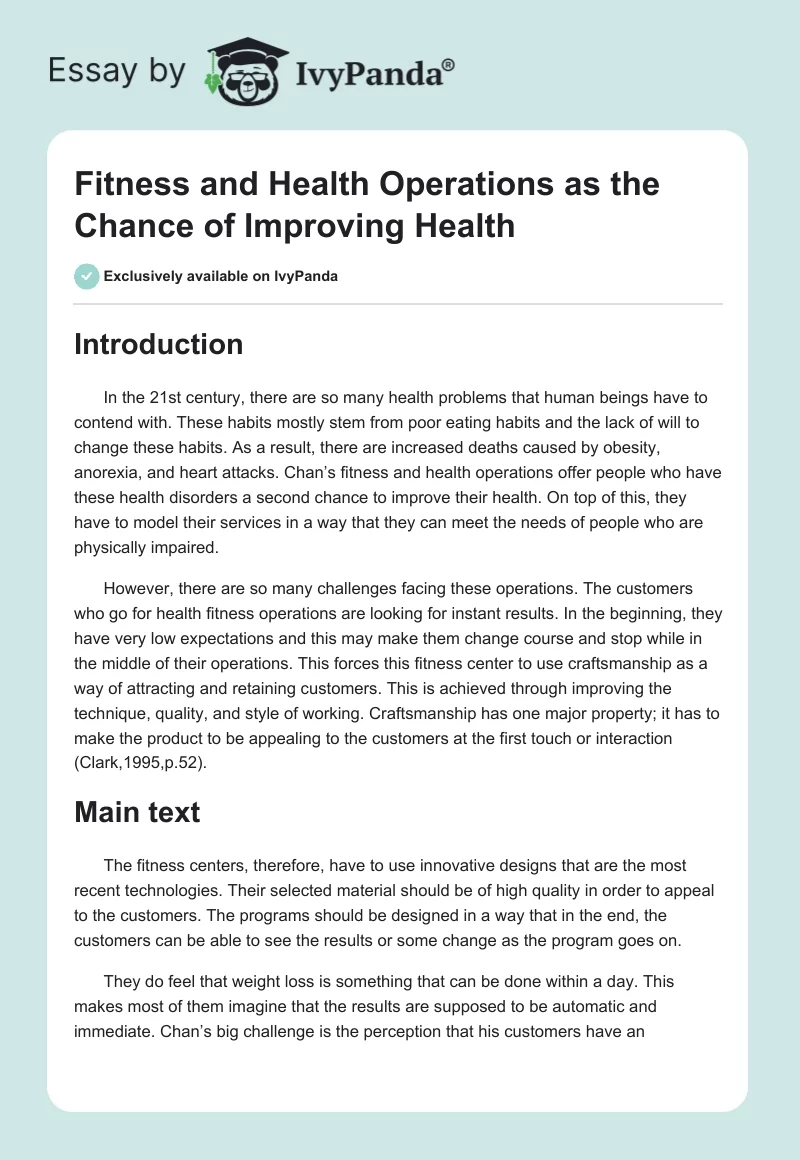 Fitness and Health Operations as the Chance of Improving Health. Page 1