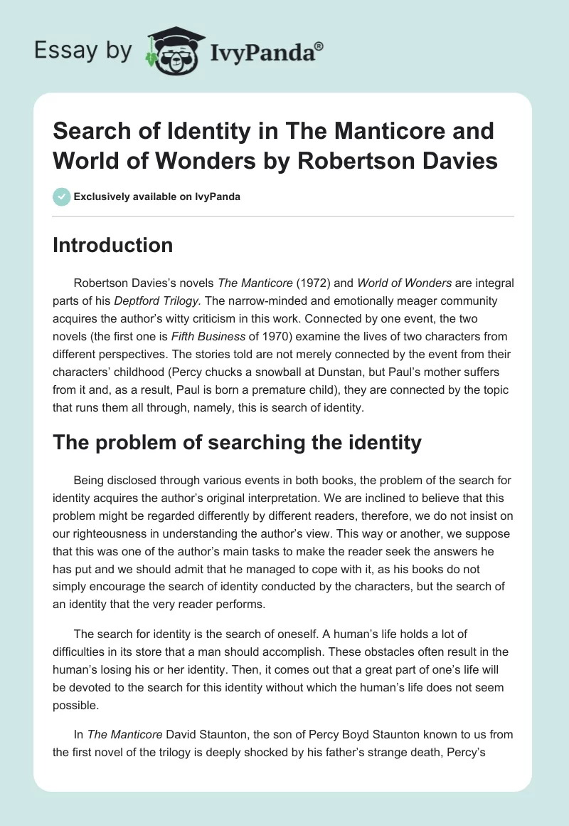 Search of Identity in "The Manticore" and "World of Wonders" by Robertson Davies. Page 1