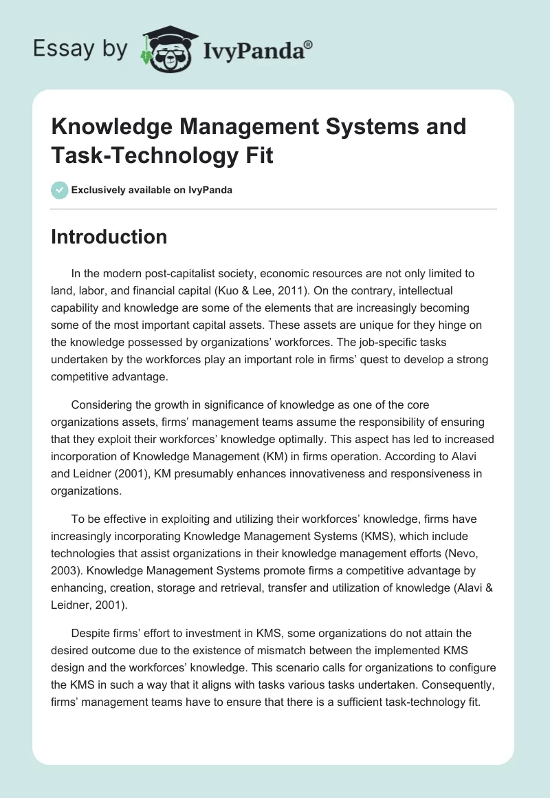 Knowledge Management Systems and Task-Technology Fit. Page 1