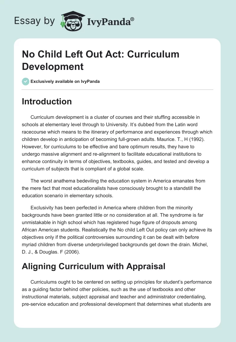 No Child Left Out Act: Curriculum Development. Page 1