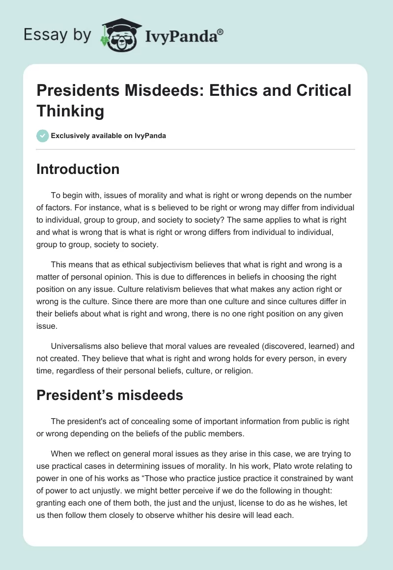 Presidents Misdeeds: Ethics and Critical Thinking. Page 1