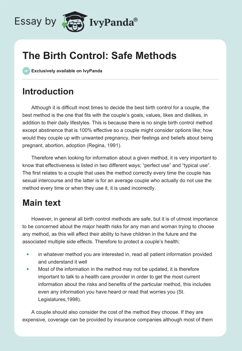 The Birth Control: Safe Methods. Page 1